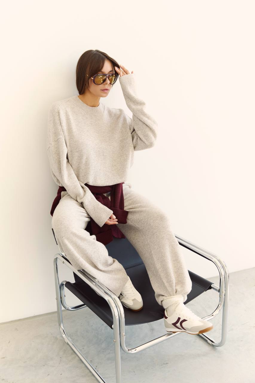 Lambswool Set — Sweater and Trousers, Light Beige Melange