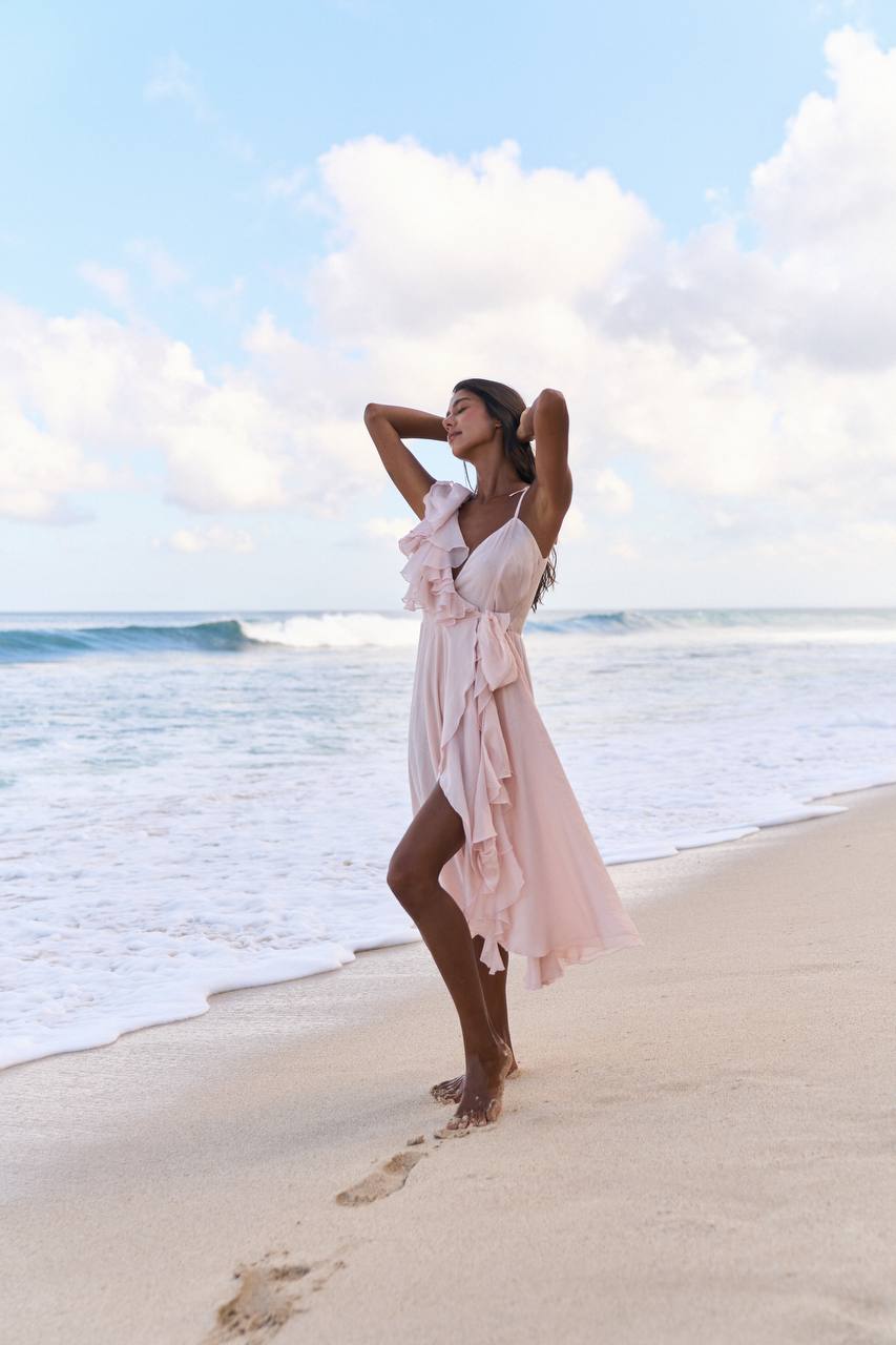 One-Shoulder Chiffon Midi Dress, Pearl — lifestyle — SHEVCHENKO