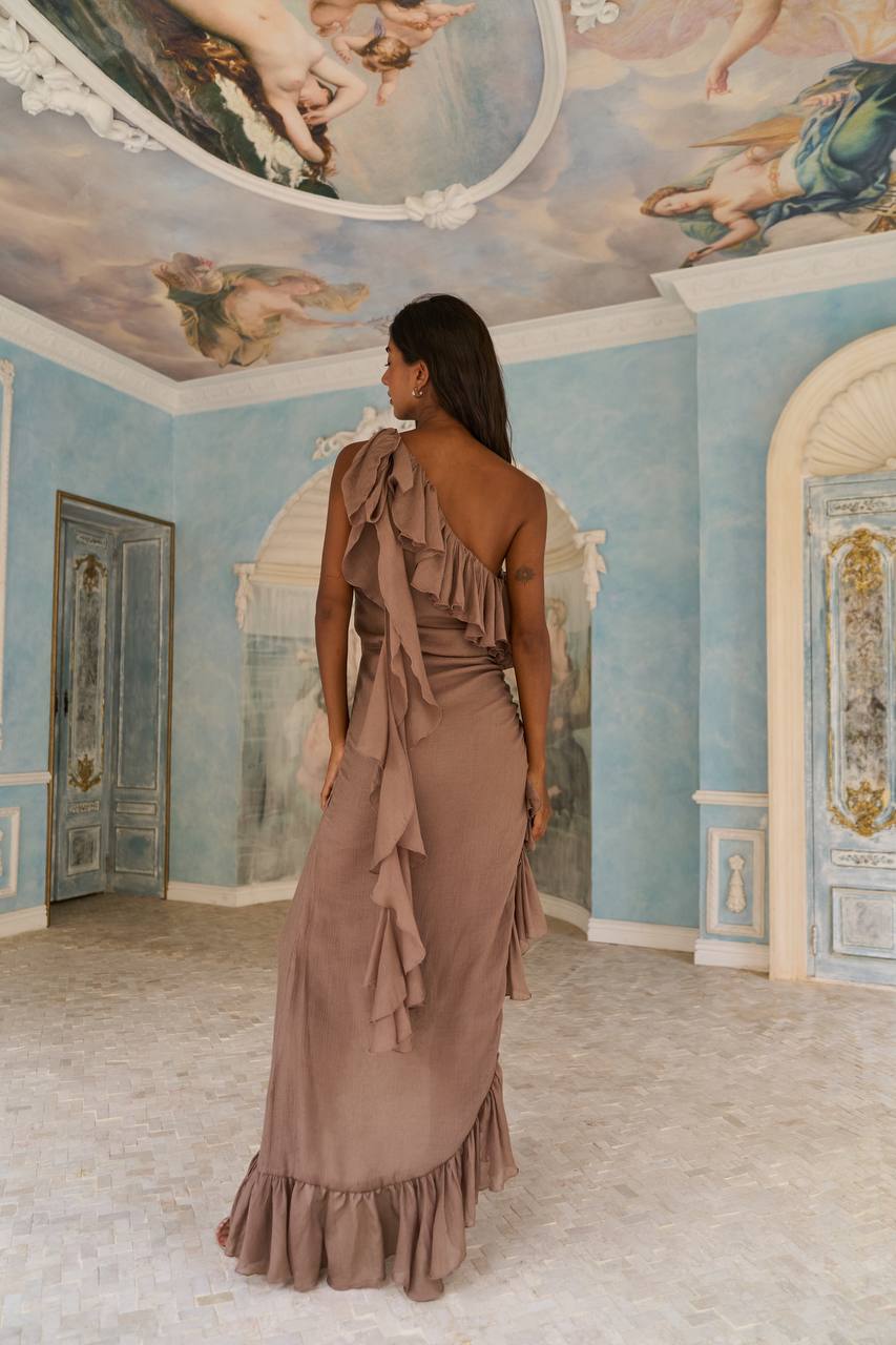 Asymmetric One-Shoulder Chiffon Dress, Caramel