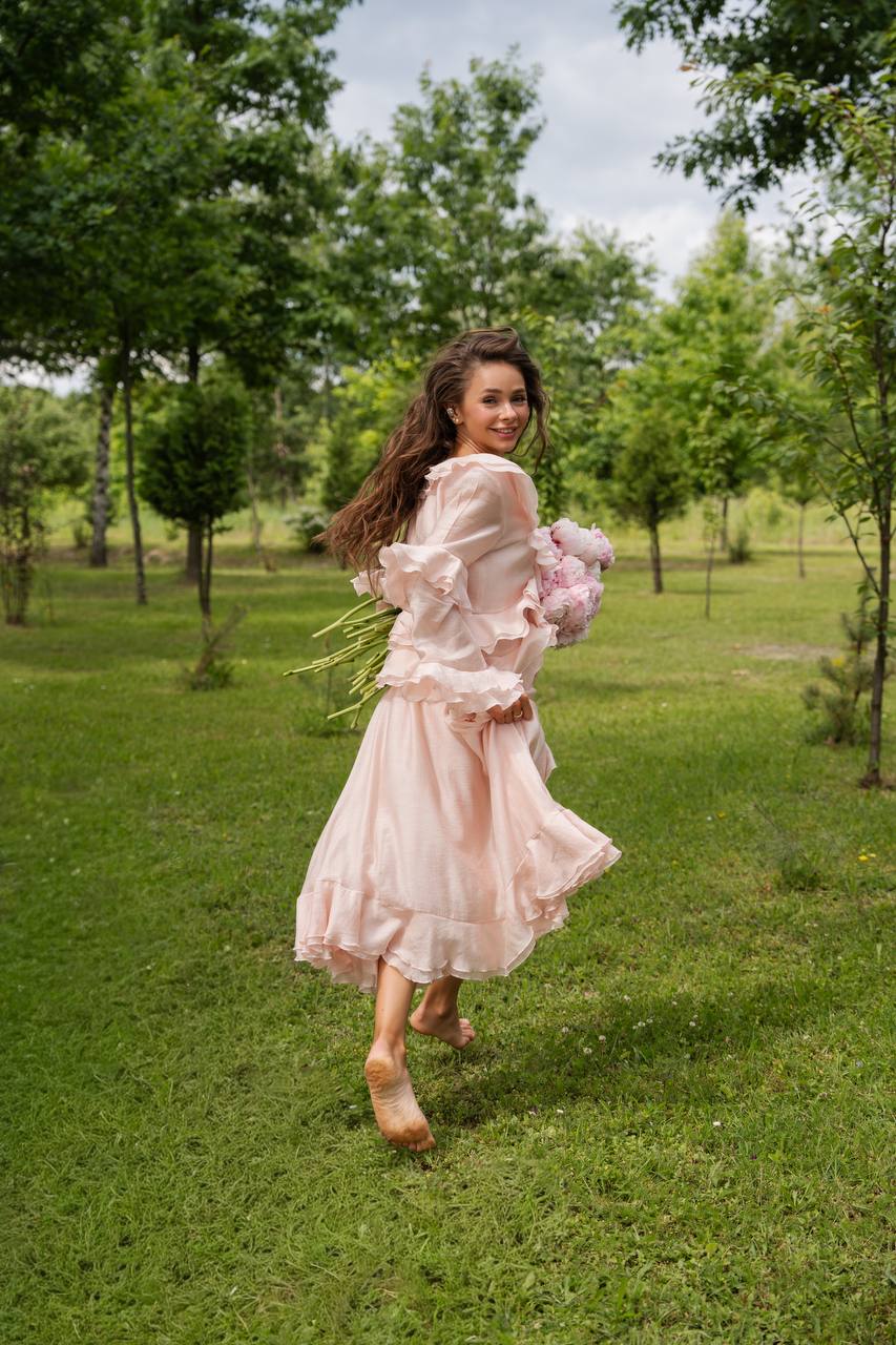 Long-Sleeve Chiffon Dress, Pearl