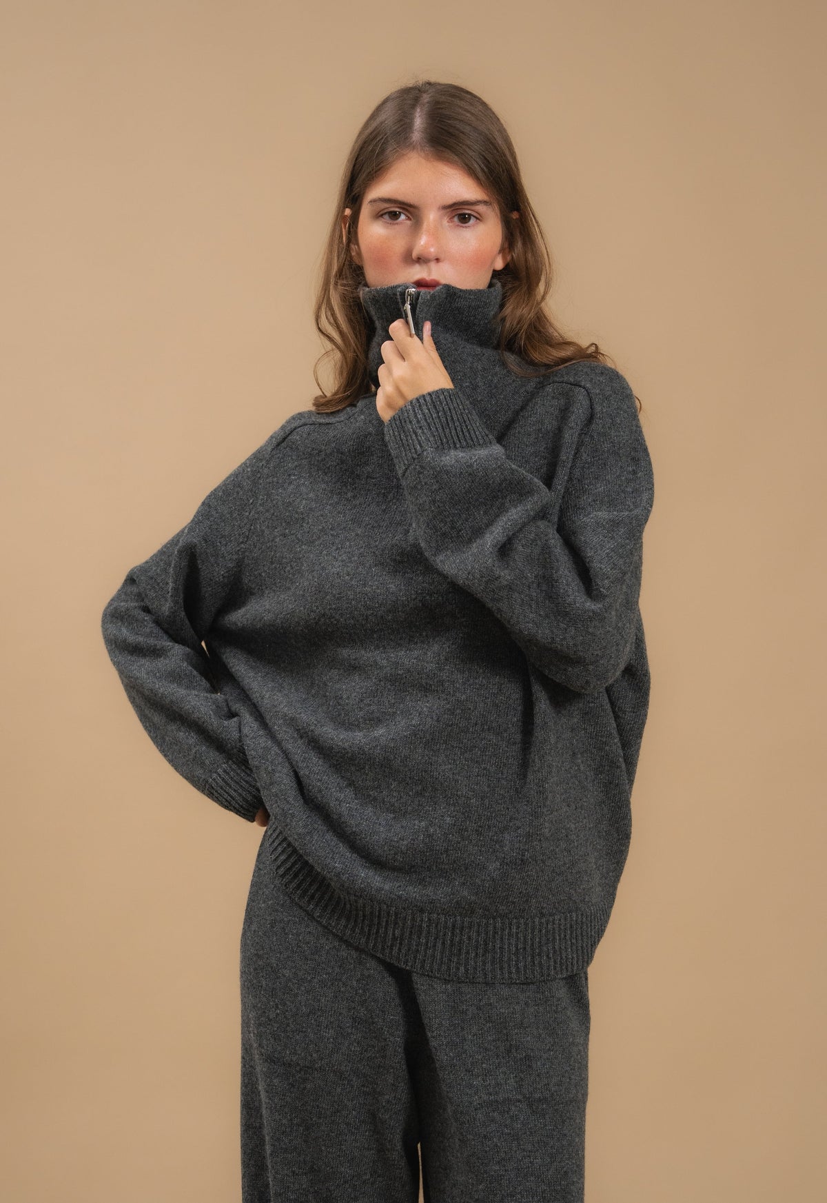 Lambswool Set: Zip-Neck Polo Sweater and Cuffed Trousers — collar — SHEVCHENKO