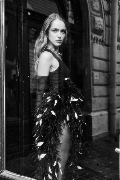 Black full-length viscose dress with feathers — SHEVCHENKO
