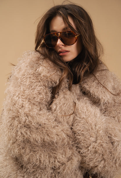 Faux Fur Coat, Medium Length, Beige — Шубка з екохутра, середньої довжини— комір — SHEVCHENKO