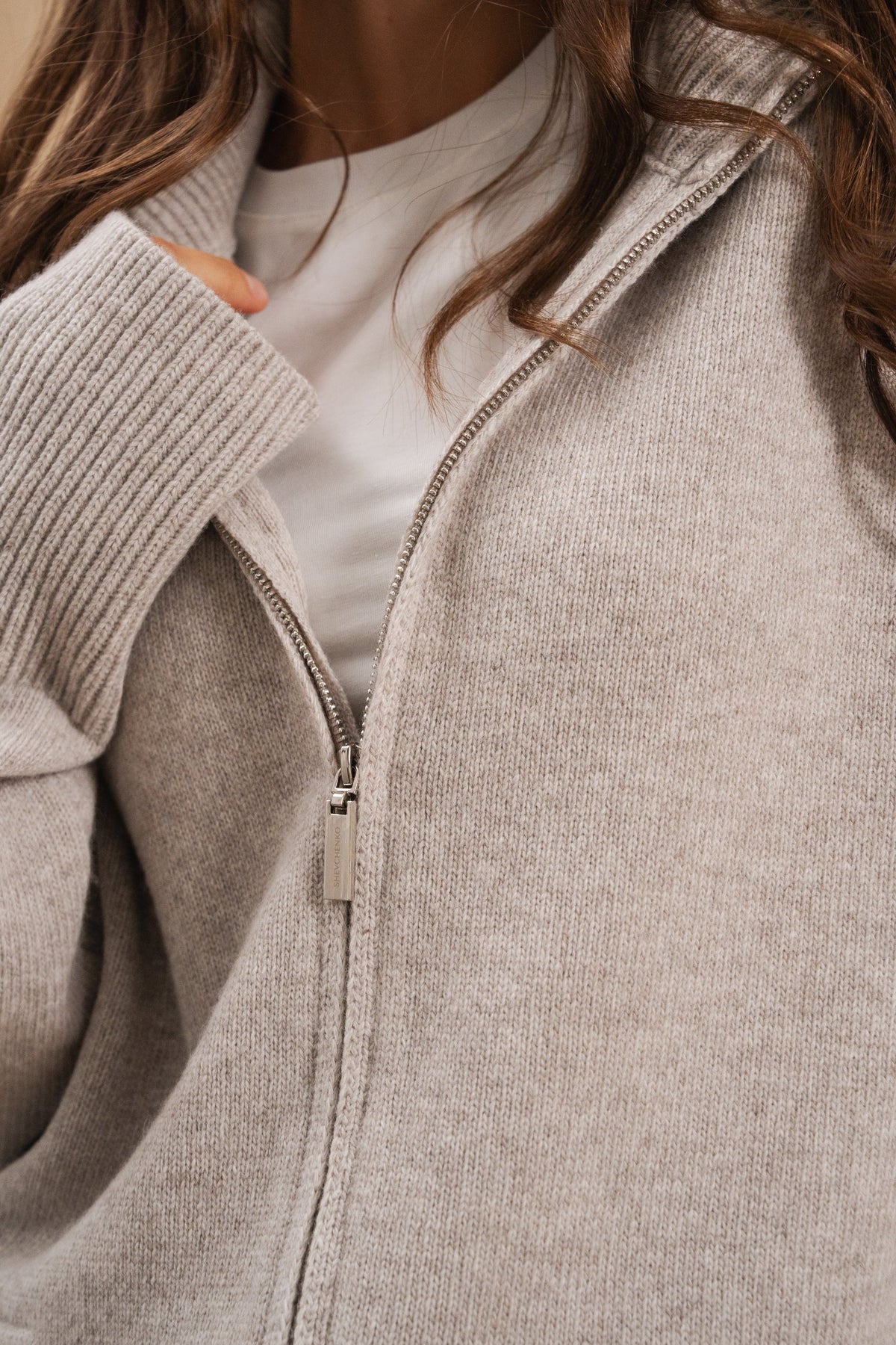 Lambswool Set: Zip-Up Cardigan and Trousers — zipper detail — SHEVCHENKO