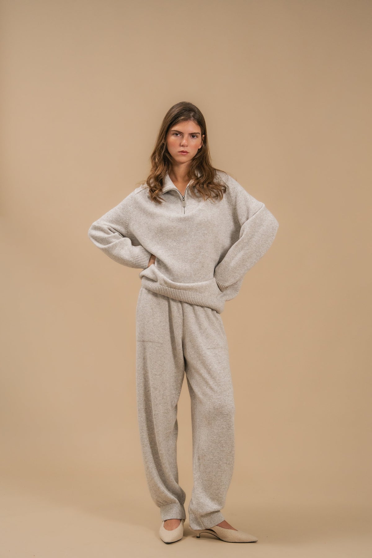 Lambswool Set: Zip-Neck Polo Sweater and Cuffed Trousers — full length — SHEVCHENKO