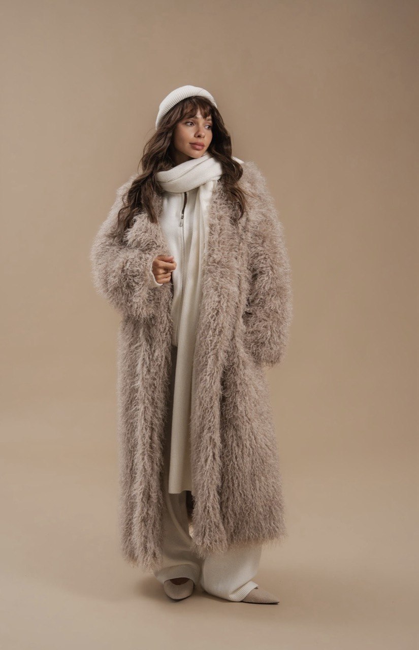 Faux Fur Coat, Long, Beige — look — SHEVCHENKO
