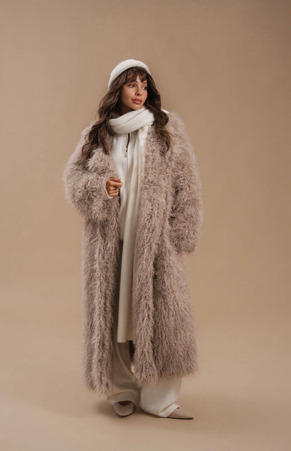 Faux Fur Coat, Long, Beige — look — SHEVCHENKO