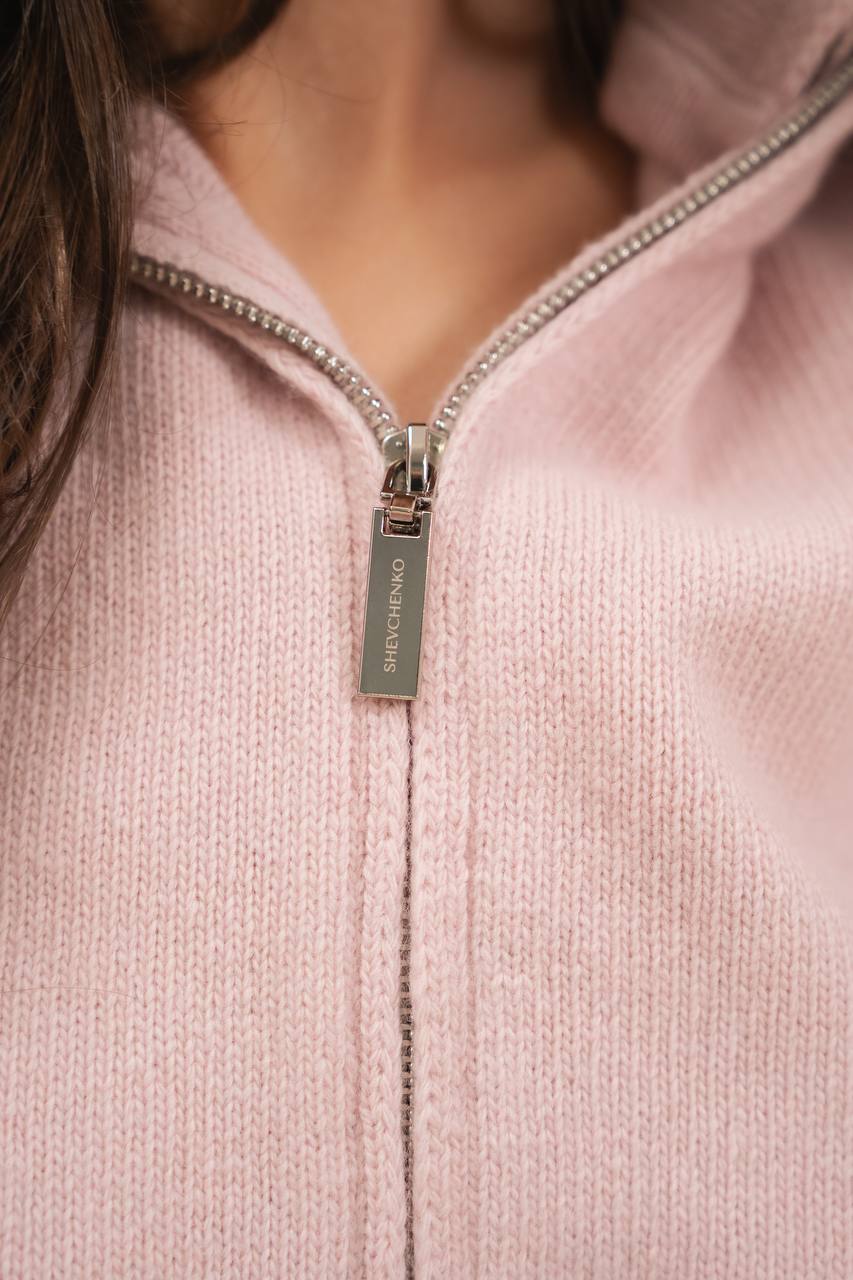 Lambswool Set: Zip-Up Hooded Cardigan — zipper detail — SHEVCHENKO