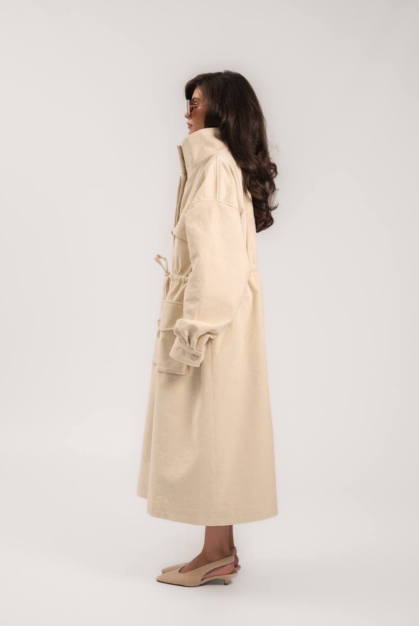 Corduroy Trench Coat, Milky — profile view — SHEVCHENKO