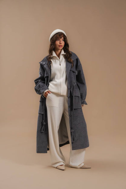 Corduroy Trench Coat, Gray — front view — SHEVCHENKO