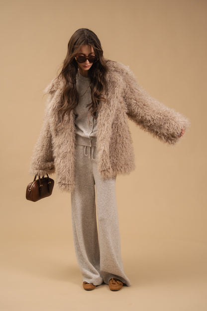 Faux Fur Coat, Medium Length, Beige — front view — SHEVCHENKO