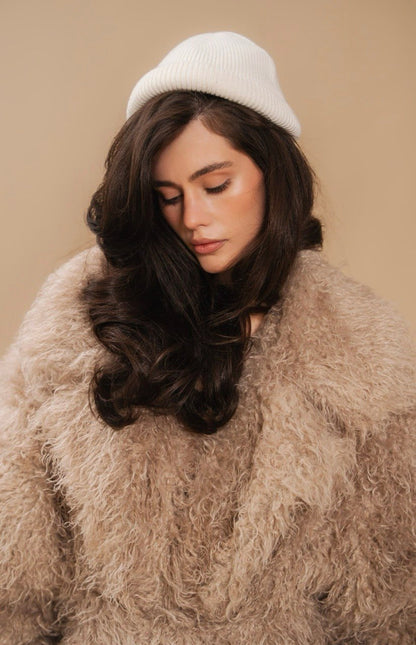 Faux Fur Coat, Long, Beige — collar — SHEVCHENKO