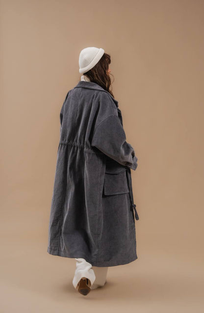 Corduroy Trench Coat, Gray — вигляд ззаду — SHEVCHENKO