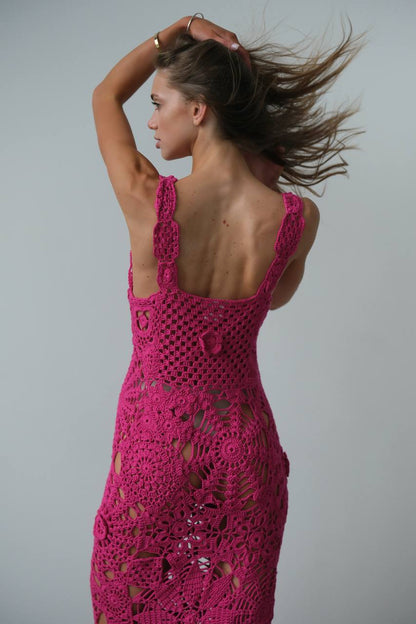 Vibrant Openwork Maxi Dress, Fuchsia — back — SHEVCHENKO