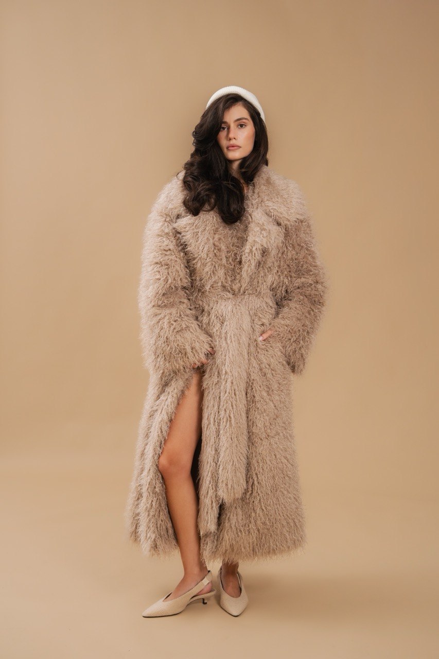 Faux Fur Coat, Long, Beige — front view — SHEVCHENKO
