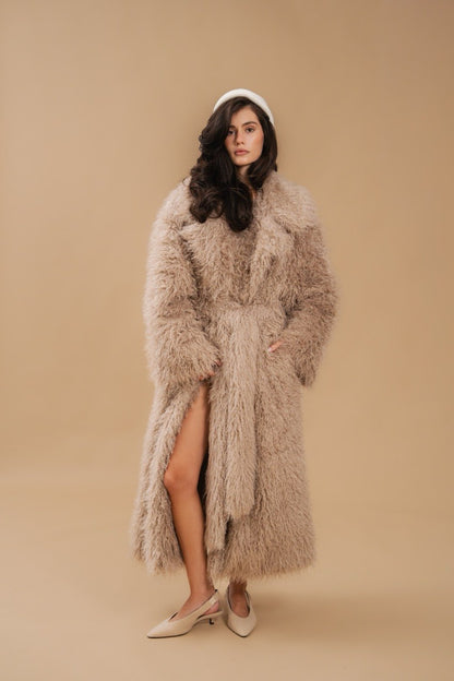 Faux Fur Coat, Long, Beige — front view — SHEVCHENKO
