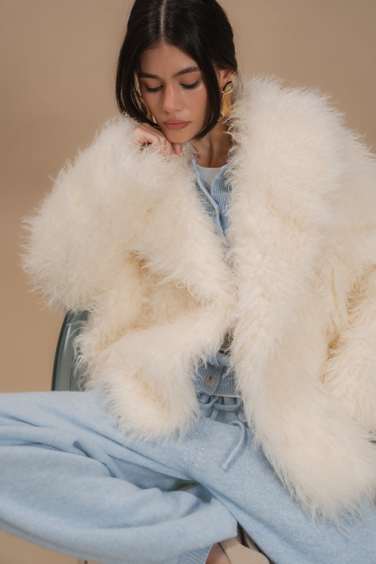 Faux Fur Coat, Short, Milky — seated — SHEVCHENKO