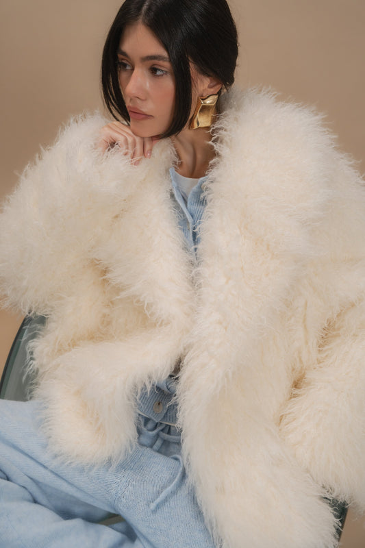 Faux Fur Coat, Short, Milky — front — SHEVCHENKO