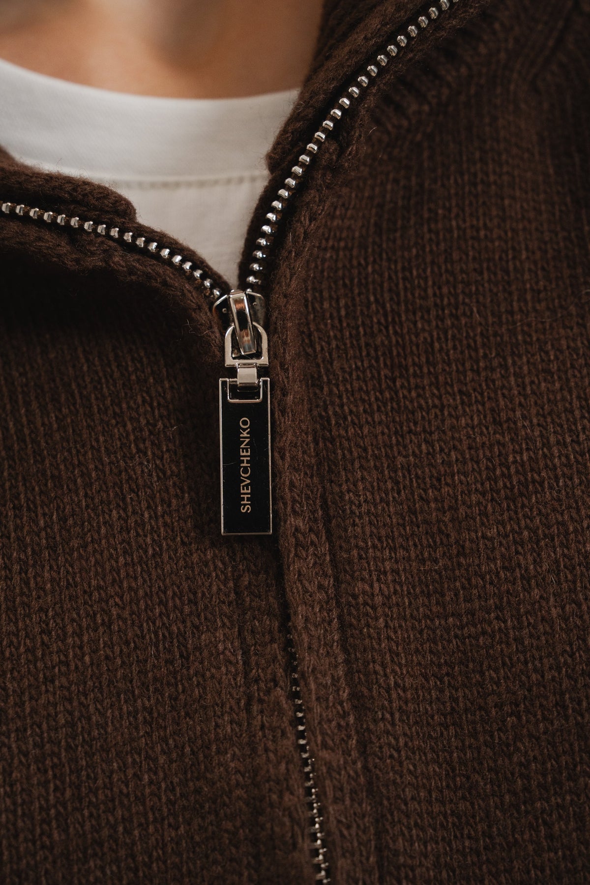 Lambswool Set: Zip-Up Cardigan and Trousers — zipper detail — SHEVCHENKO