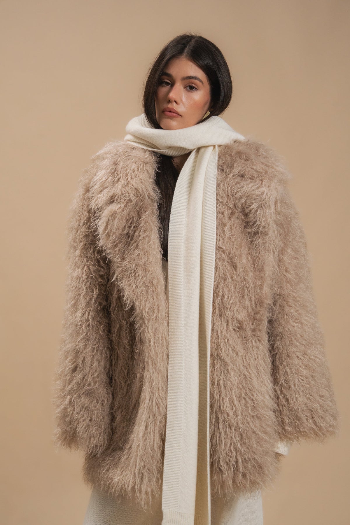 Faux Fur Coat, Medium Length, Beige — front — SHEVCHENKO
