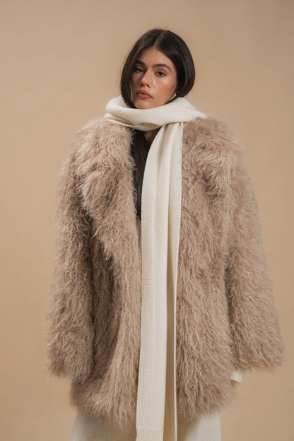Faux Fur Coat, Medium Length, Beige — front — SHEVCHENKO