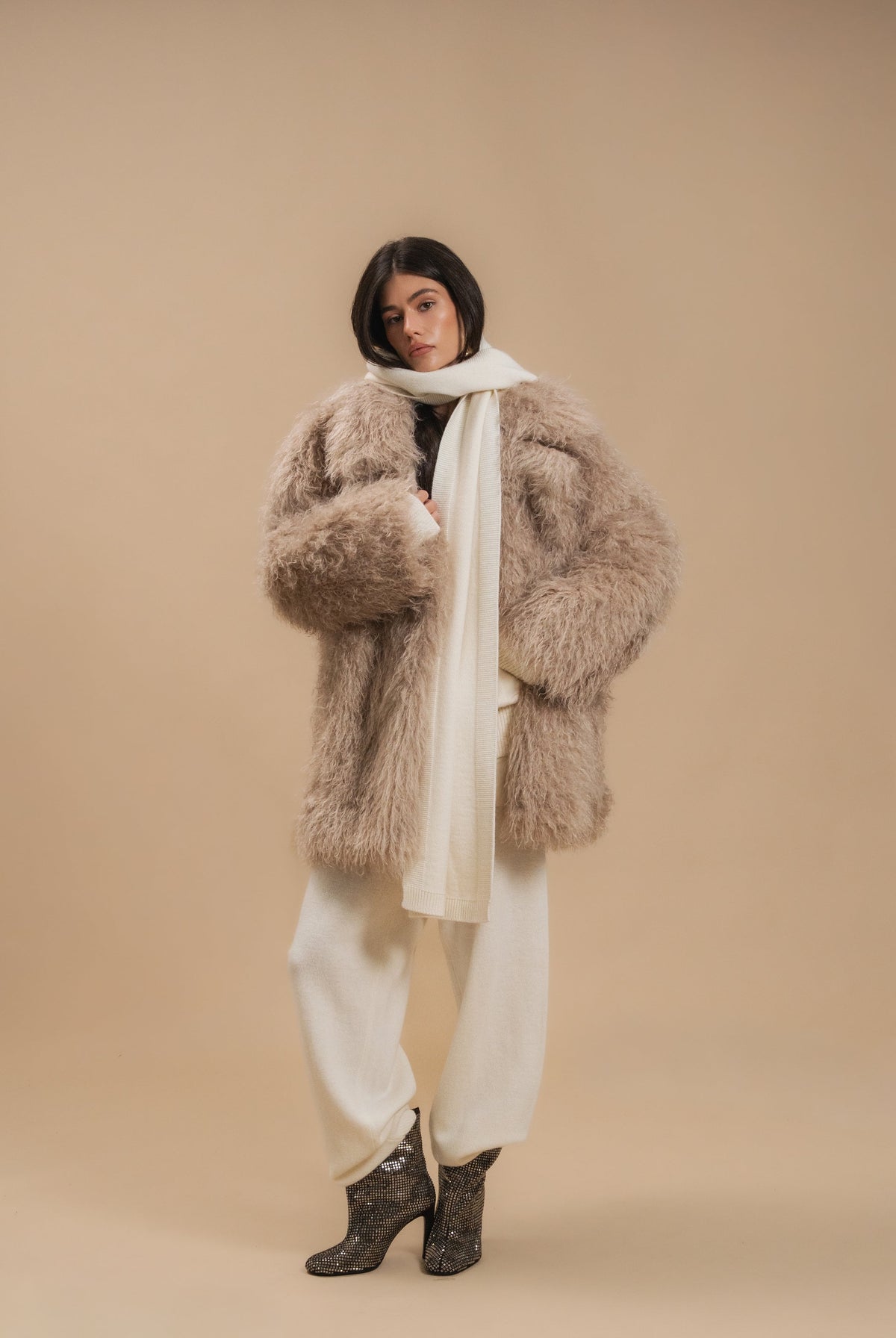 Faux Fur Coat, Medium Length, Beige — look — SHEVCHENKO