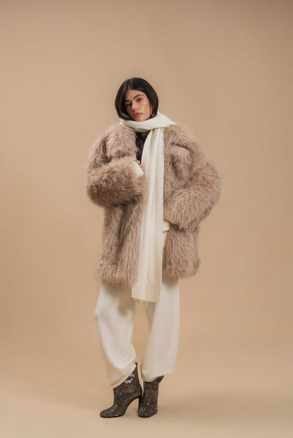Faux Fur Coat, Medium Length, Beige — look — SHEVCHENKO