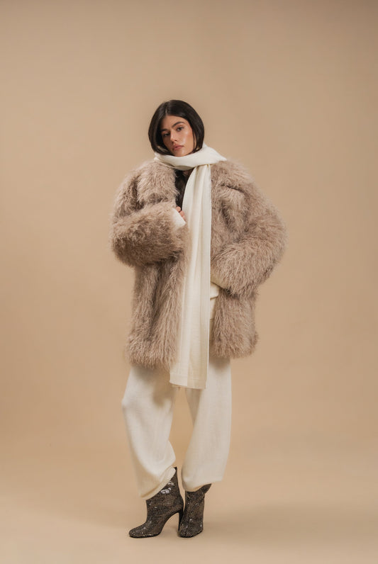 Faux Fur Coat, Medium Length, Beige — look — SHEVCHENKO