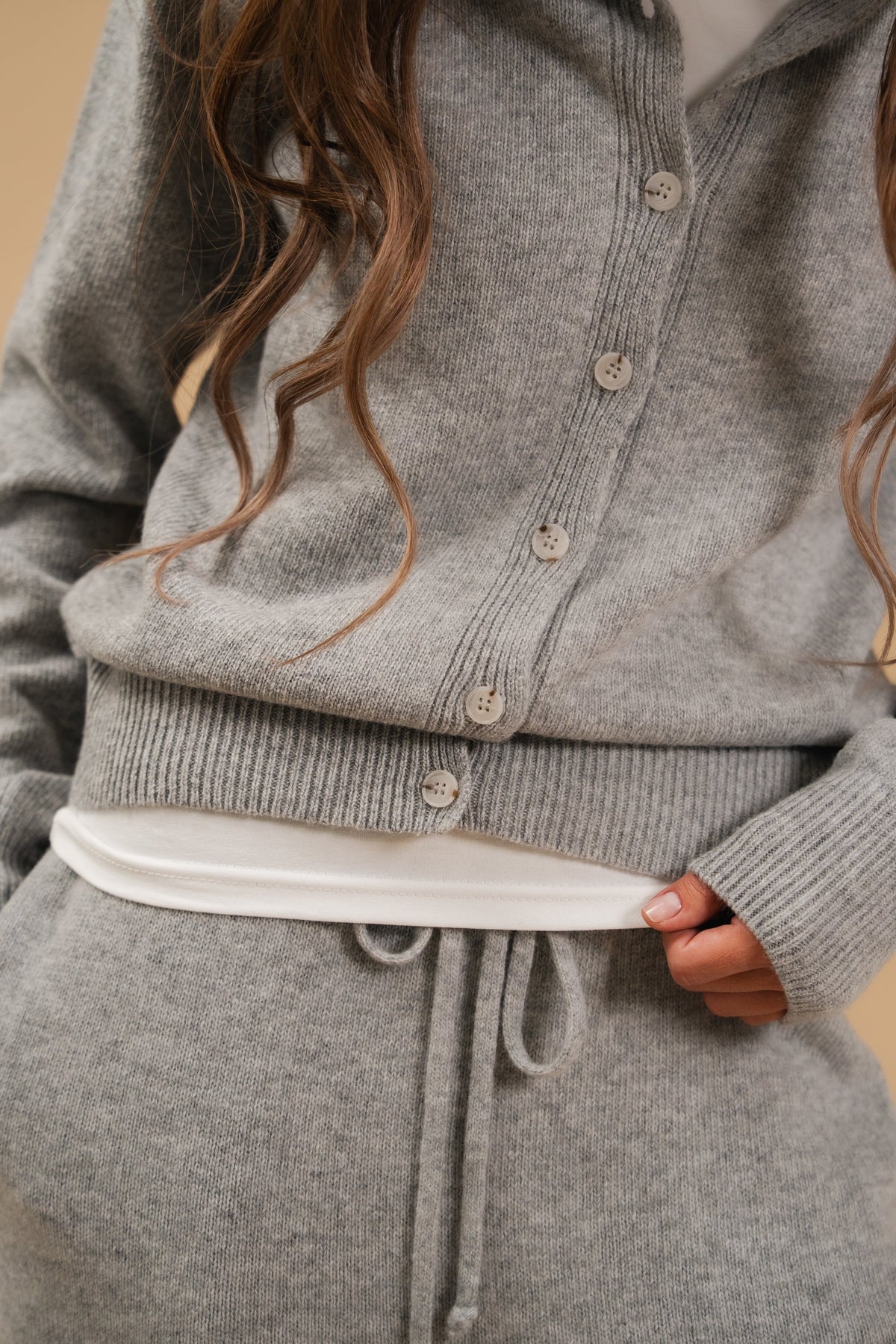 Lambswool Set: Fitted Button-Front Cardigan and Trousers — detail — SHEVCHENKO