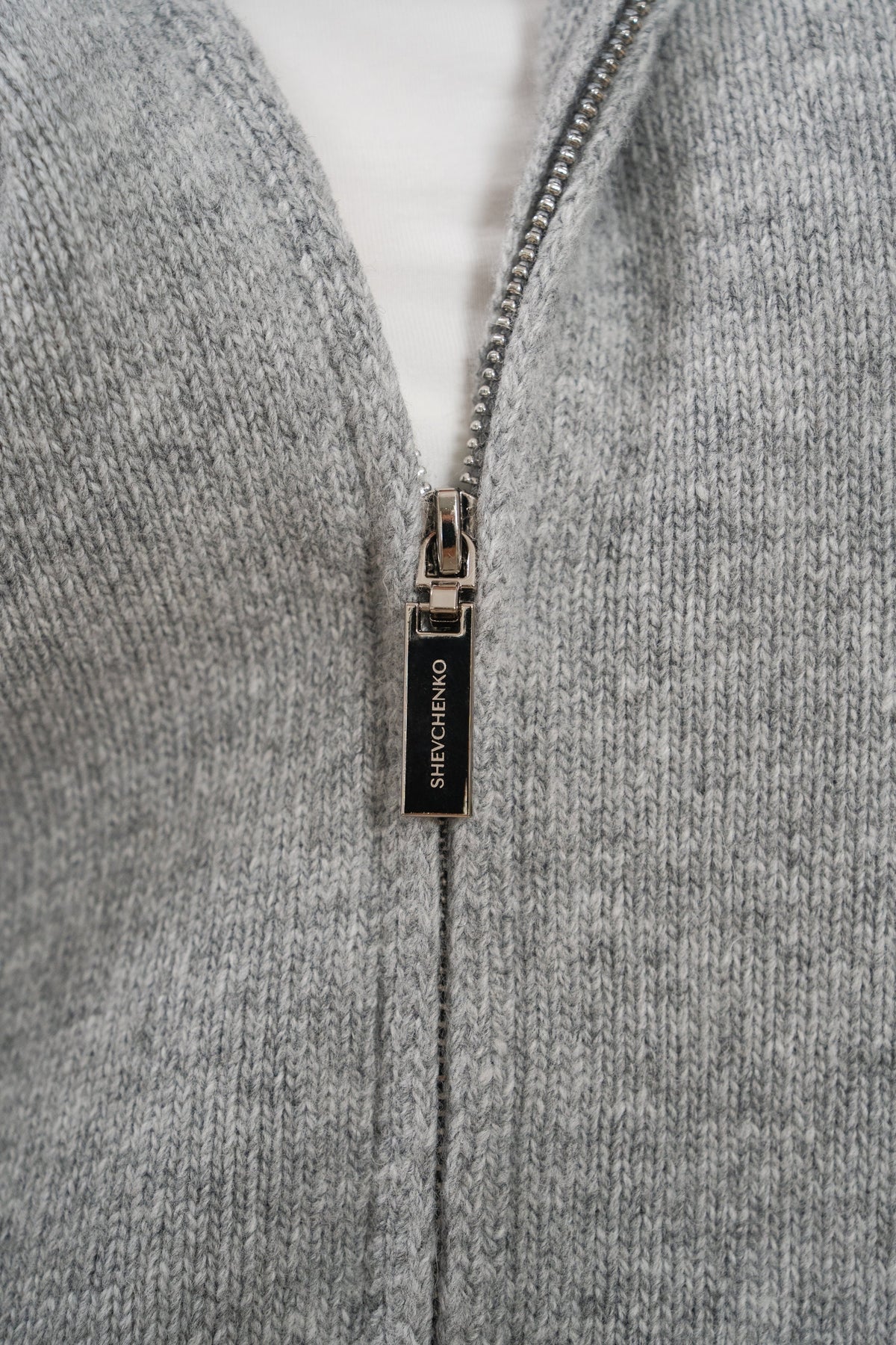 Lambswool Set: Zip-Up Hooded Cardigan — zipper detail — SHEVCHENKO