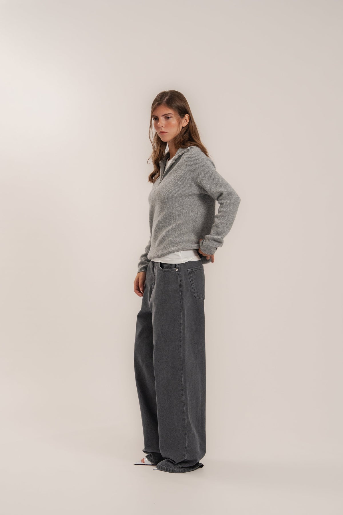 Lambswool Zip-Up Polo Sweater, Gray