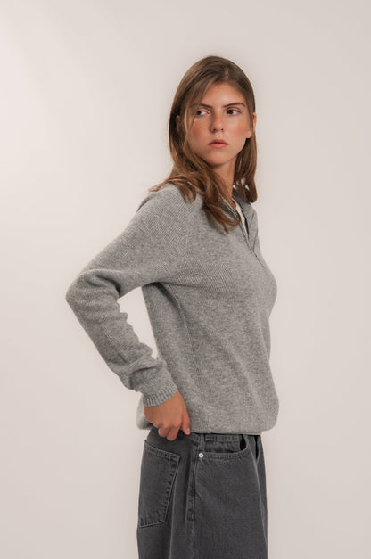 Lambswool Zip-Up Polo Sweater, Gray