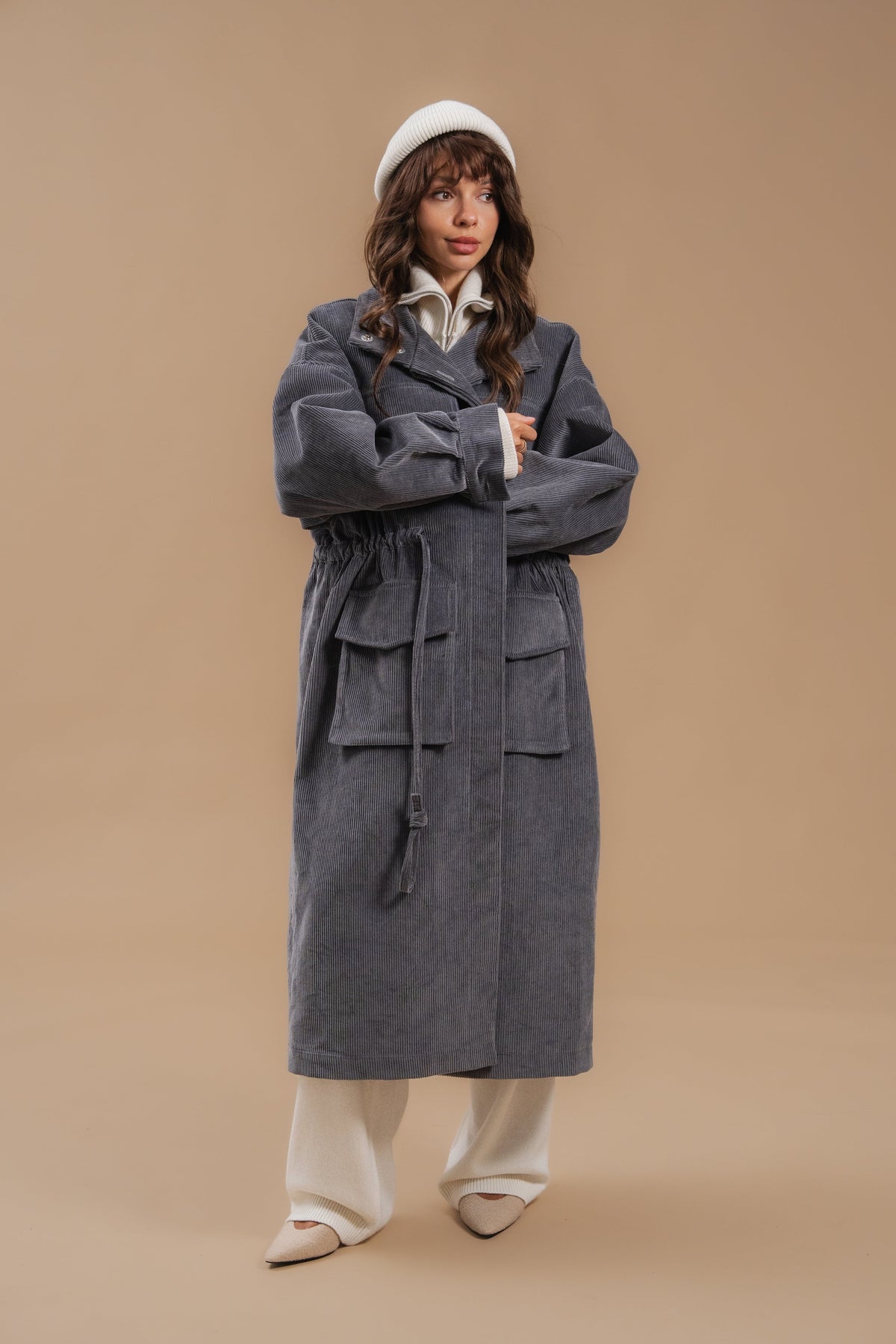 Corduroy Trench Coat, Gray — full length — SHEVCHENKO