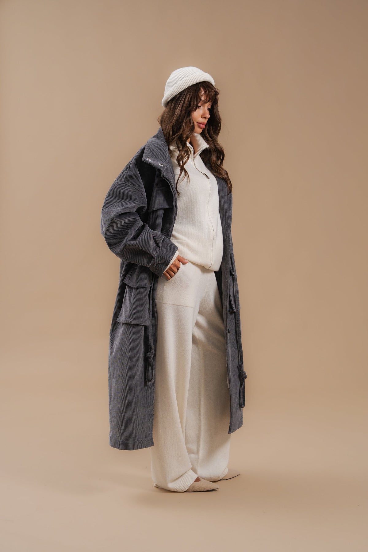 Corduroy Trench Coat, Gray — вигляд збоку — SHEVCHENKO
