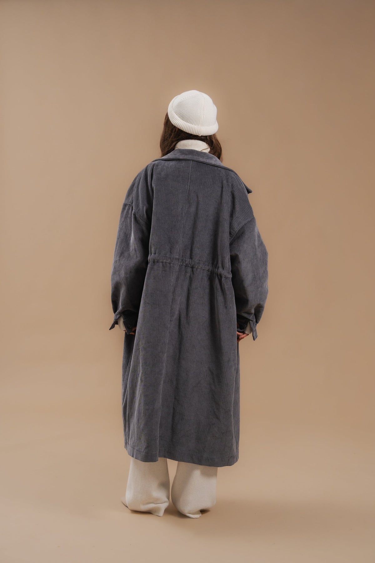 Corduroy Trench Coat, Gray — back — SHEVCHENKO