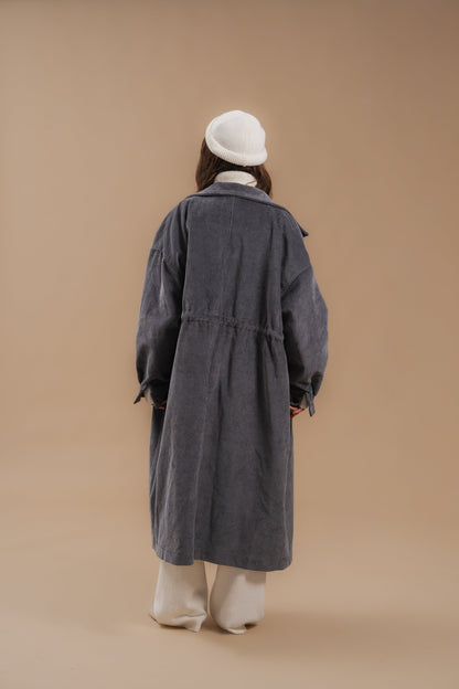 Corduroy Trench Coat, Gray — back — SHEVCHENKO