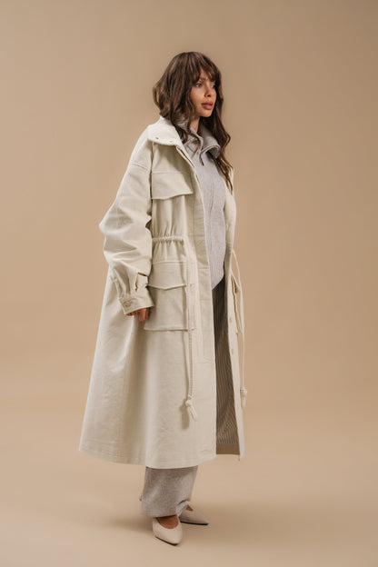 Corduroy Trench Coat, Milky — front view — SHEVCHENKO