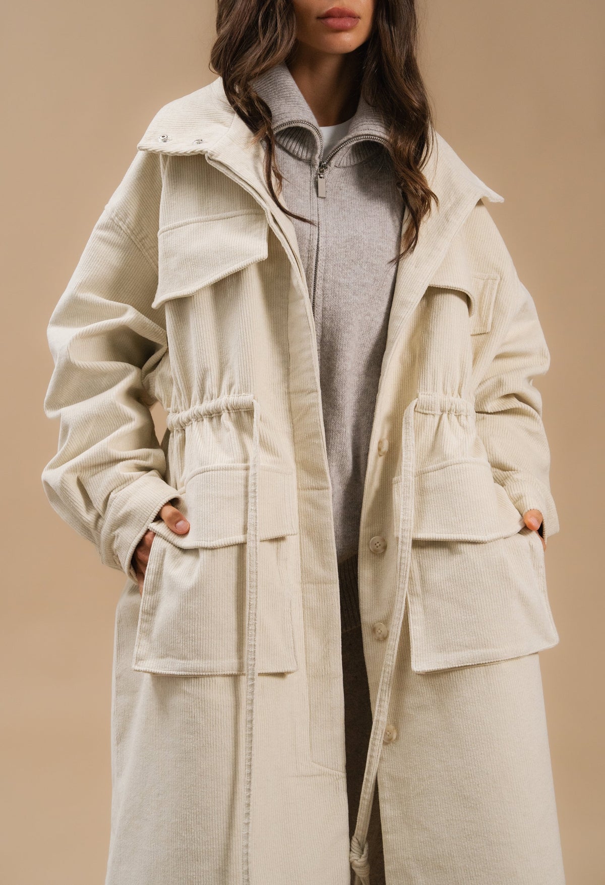 Corduroy Trench Coat, Milky — close-up — SHEVCHENKO