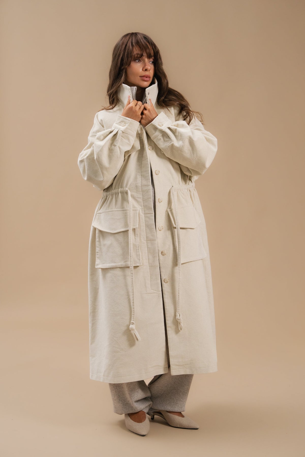 Corduroy Trench Coat, Milky — front view — SHEVCHENKO