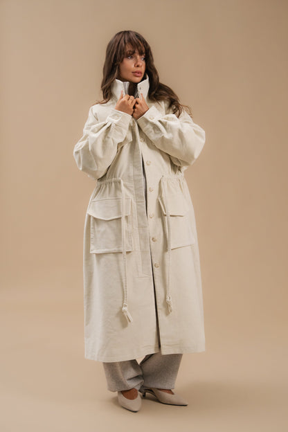 Corduroy Trench Coat, Milky — front view — SHEVCHENKO