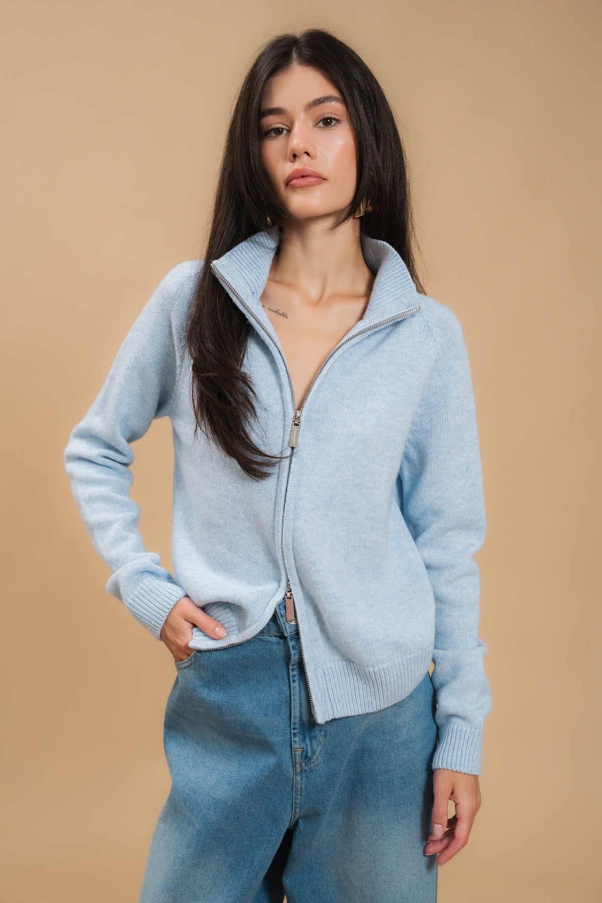 Fitted Zip-Up Lambswool Cardigan — front — SHEVCHENKO