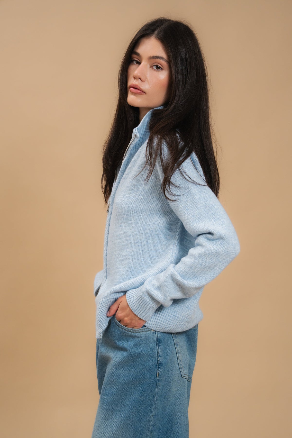 Fitted Zip-Up Lambswool Cardigan — side — SHEVCHENKO