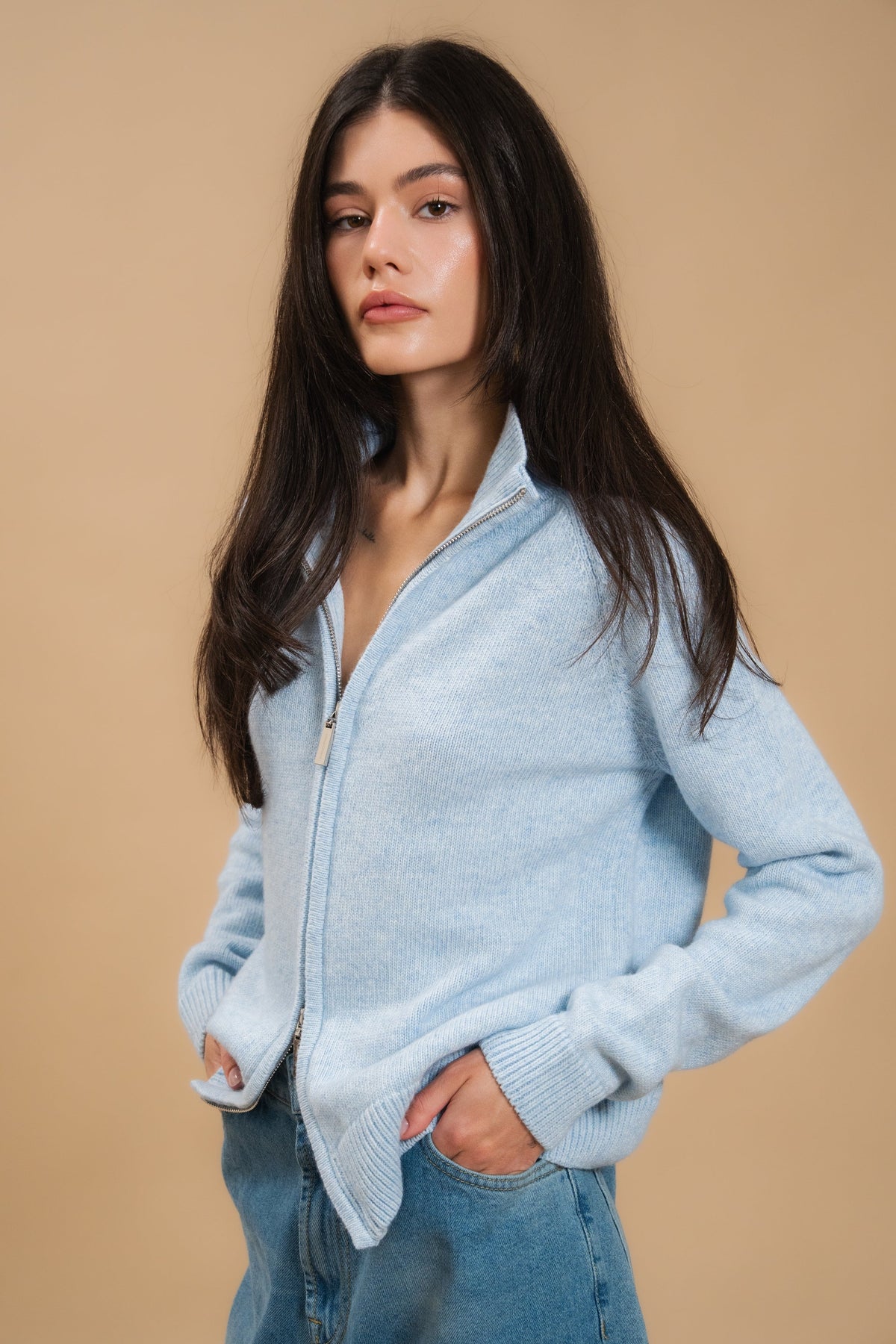 Fitted Zip-Up Lambswool Cardigan — side — SHEVCHENKO