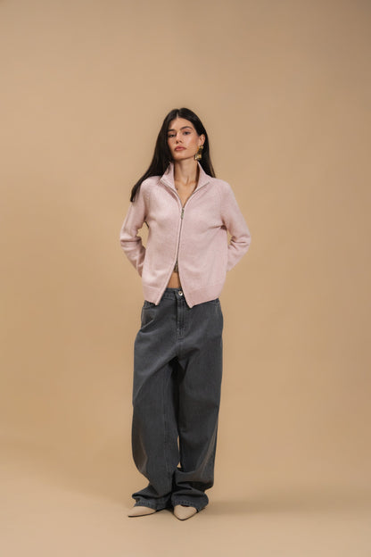 Fitted Zip-Up Lambswool Cardigan — Кардиган з вовни ягня приталеного силуету на блискавці, рожевий— лук — SHEVCHENKO