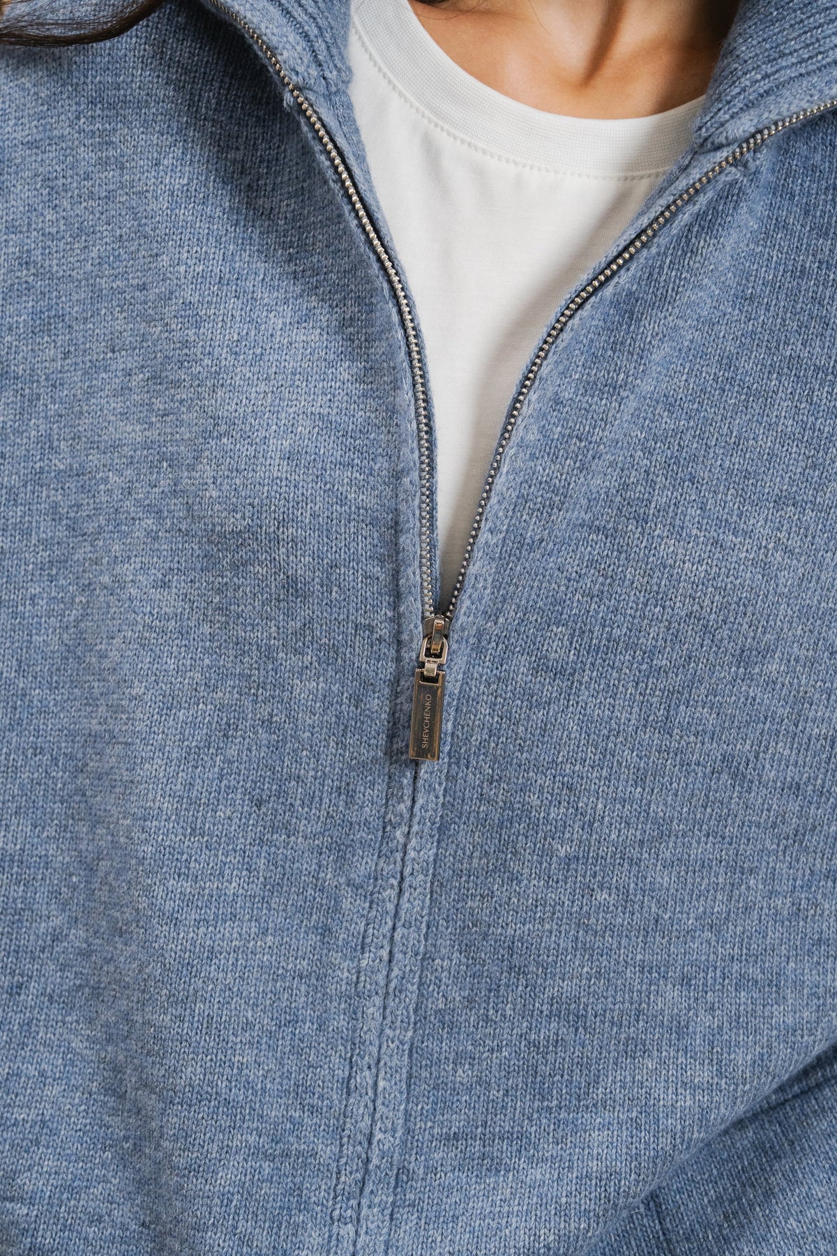 Lambswool Set: Zip-Up Cardigan and Trousers — zipper detail — SHEVCHENKO
