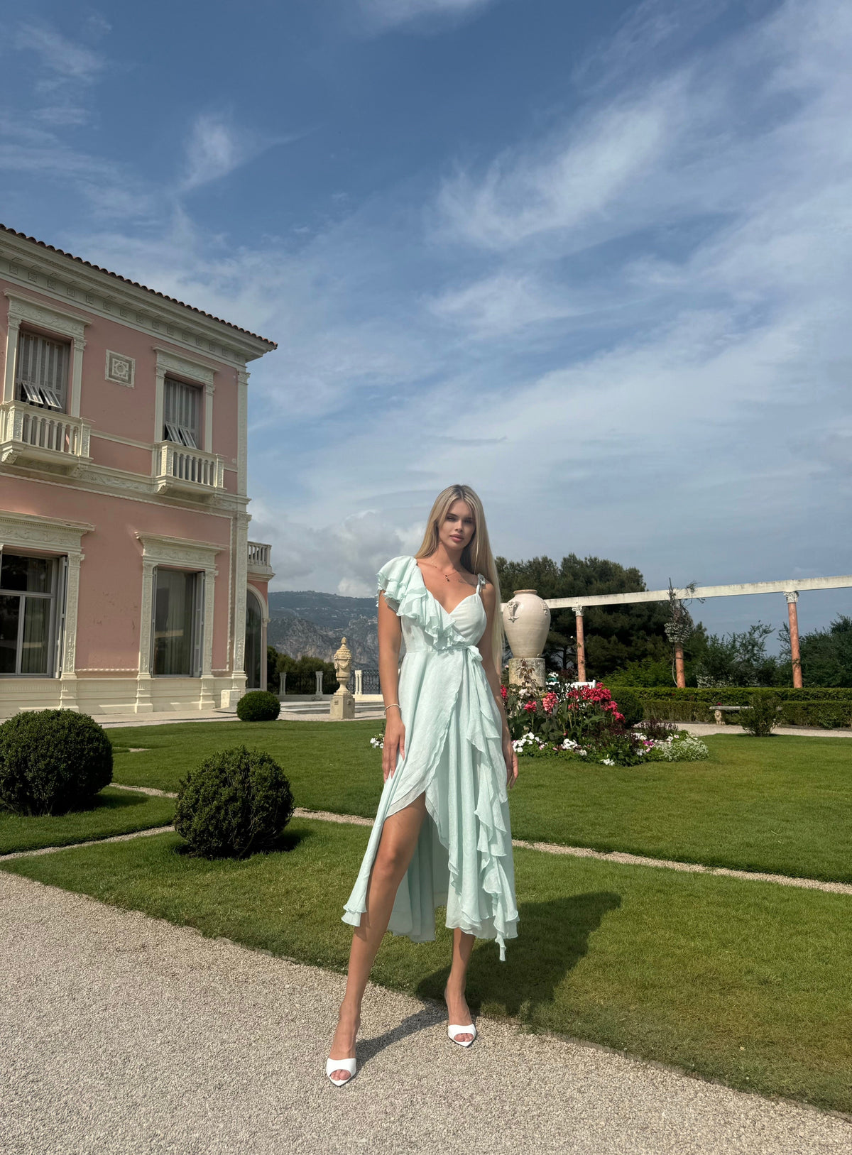 One-Shoulder Chiffon Midi Dress, Mint — в повний зріст стоячи — SHEVCHENKO