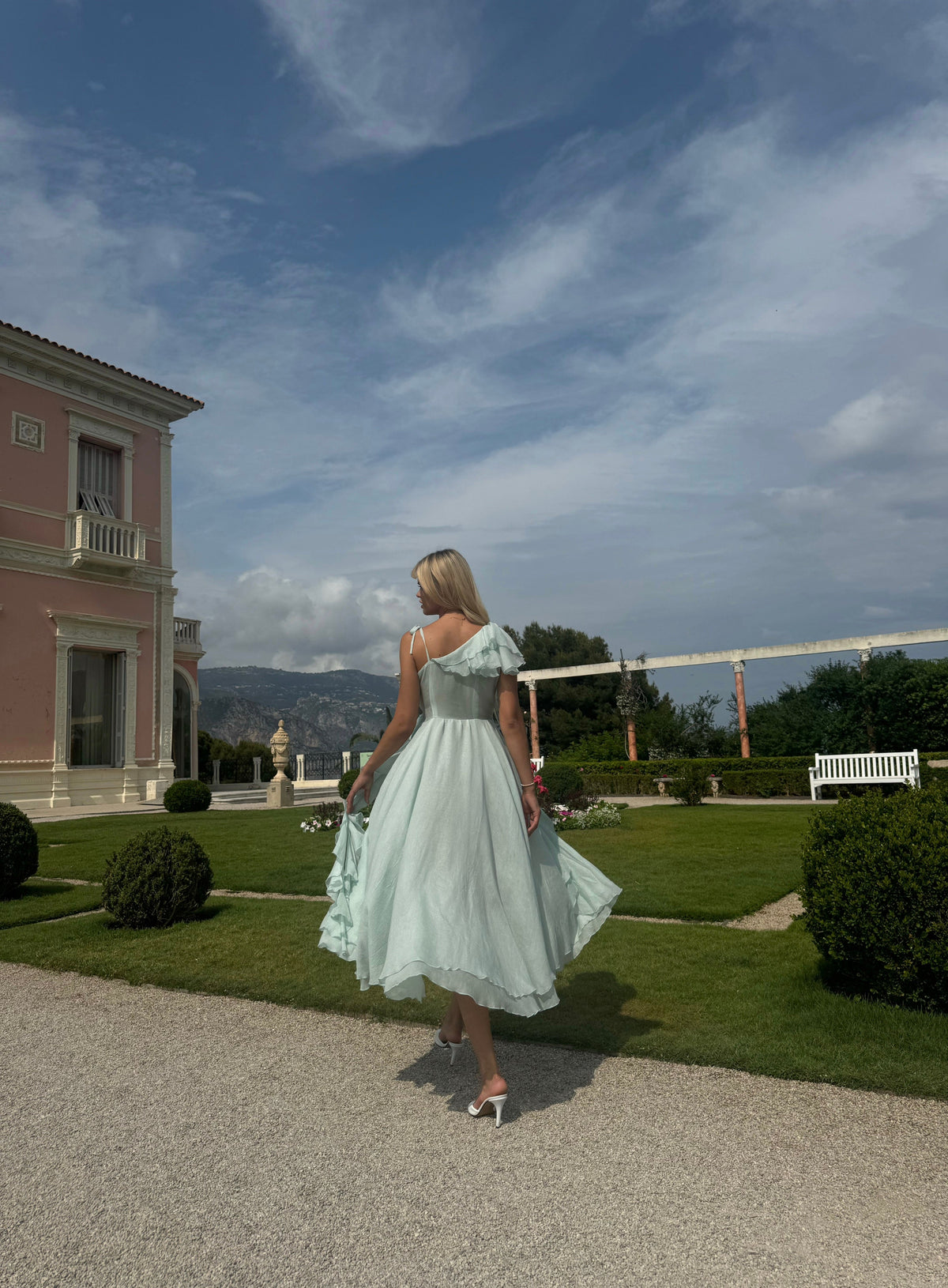 One-Shoulder Chiffon Midi Dress, Mint — вигляд зі спини в русі — SHEVCHENKO