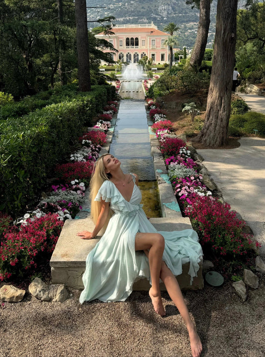 One-Shoulder Chiffon Midi Dress, Mint — в повний зріст у русі — SHEVCHENKO