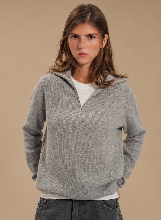 Lambswool Zip-Up Polo Sweater, Gray