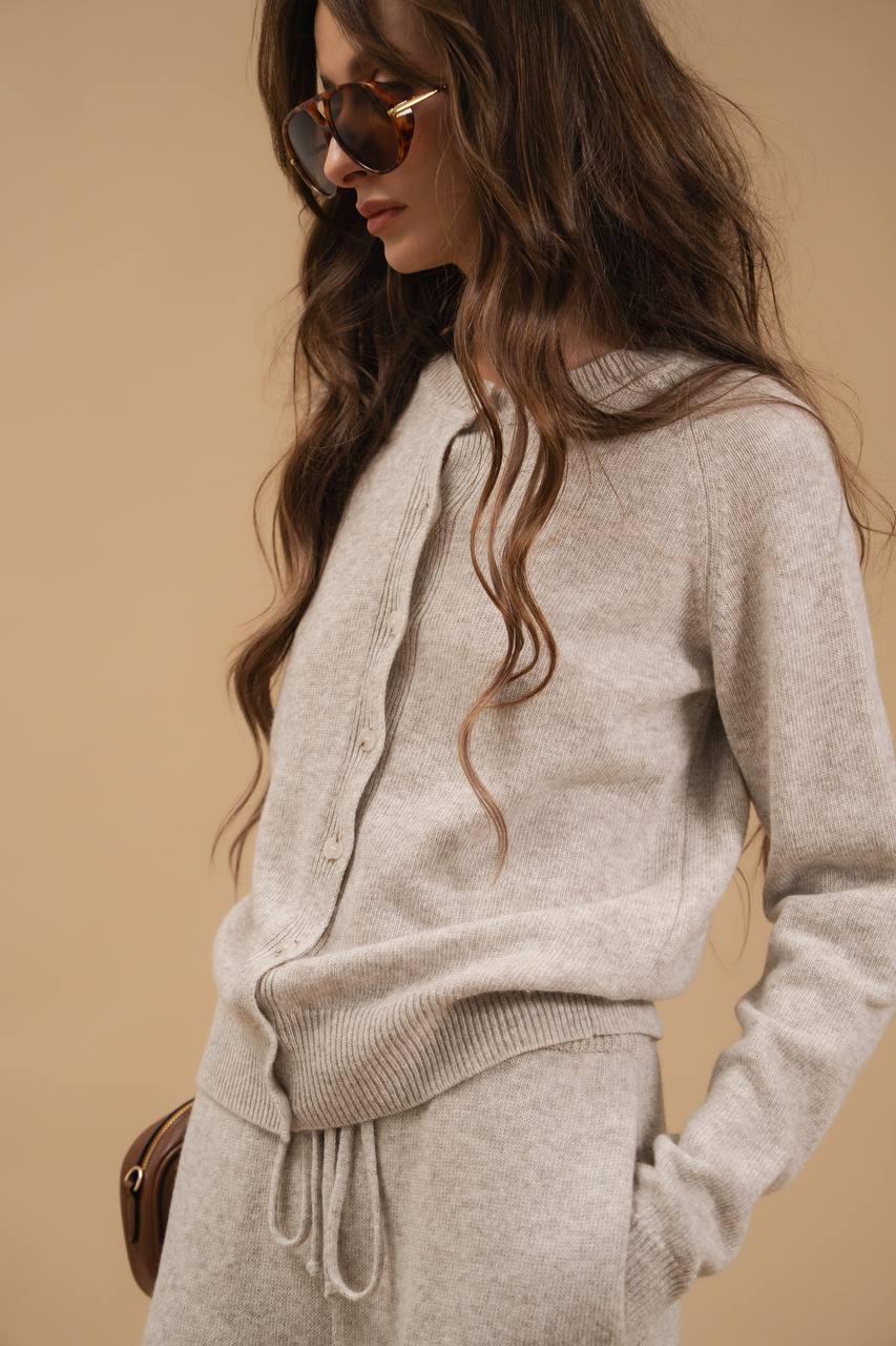 Lambswool Set: Fitted Button-Front Cardigan and Trousers